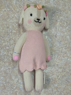 Handmade Pink Knit Dog Plush Toy - Soft Cream & Pink Puppy By Cuddle +Kind Ec.